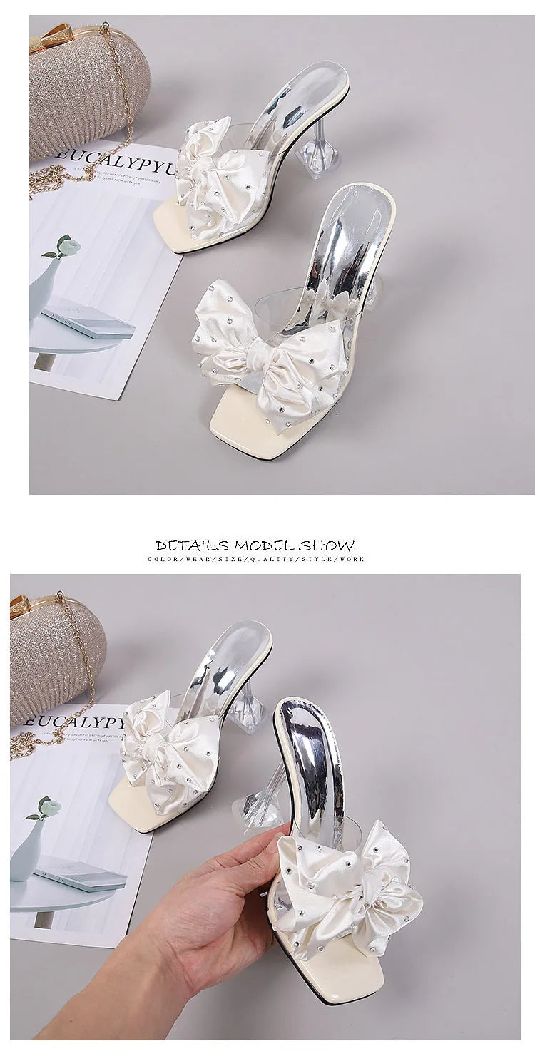 2023 Fashion Crystal Bow High Heels Slippers Shoes for Woman Sexy PVC Transparent Sandals Women Slides Open Toe Pumps Blue Black