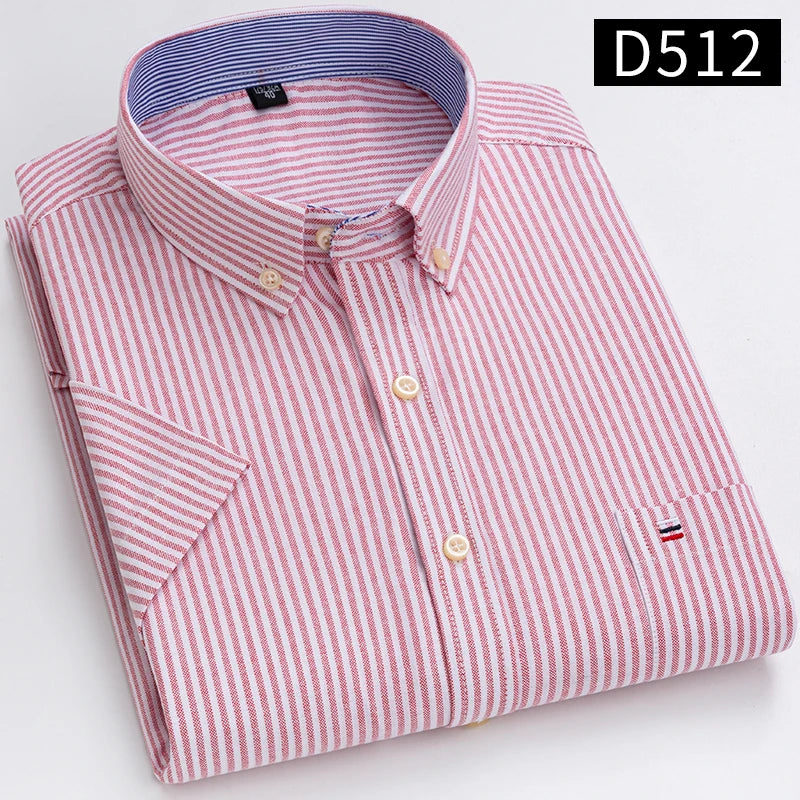 100% Cotton Breathable Men Oxford Short Sleeve Summer Plaid Shirts Striped Male Clothes Business Regular Fit Oversized