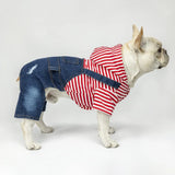 Small Dog Hoodie Clothes Stripe Shirts Denim Jumpsuit Outfit for Small Medium Dogs Cats Boy Girl Blue Jeans Overalls for Puppy