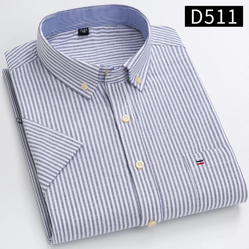 100% Cotton Breathable Men Oxford Short Sleeve Summer Plaid Shirts Striped Male Clothes Business Regular Fit Oversized