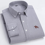 100% Cotton Oxford Shirt Men's Long Sleeve Embroidered Horse Casual Without Pocket Solid Yellow Dress Shirt Men Plus Size S-6XL