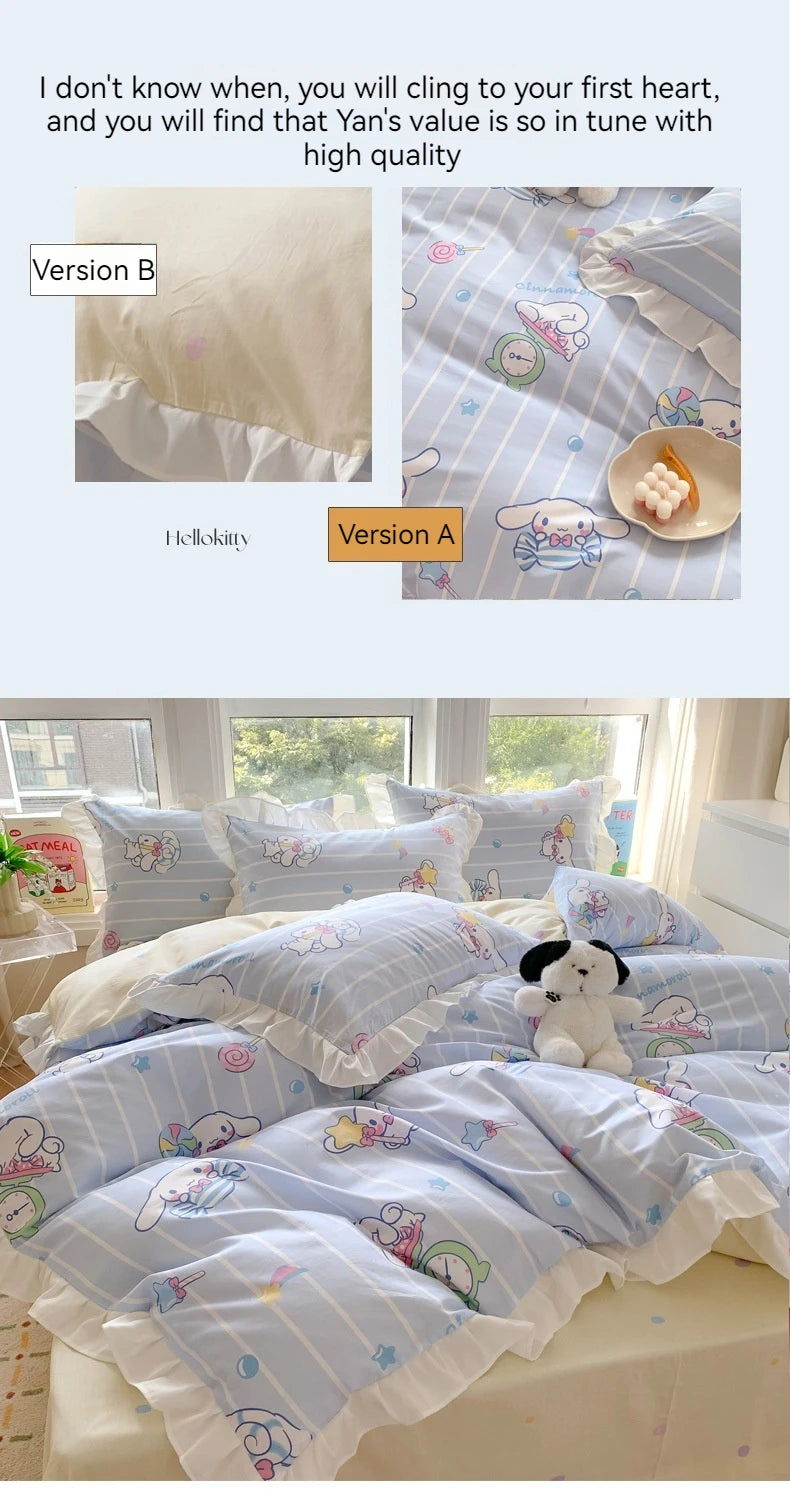 Sanrio Kids Bedding Set Kuromi Cinnamoroll Mymelody Duvet Cover Bed Sheet Pillowcase Bedsheet Double Single King Queen Twin Size