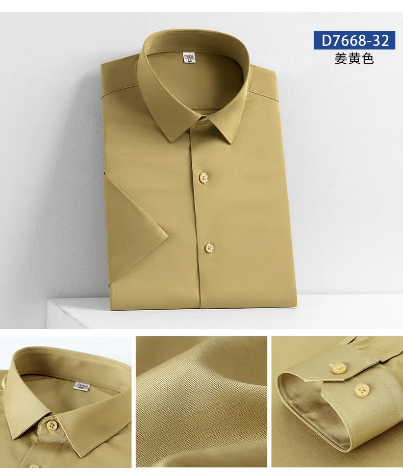 5XL Silk Smooth Formal Dress Quality Social Summer Short Sleeve Men's Shirt Business Slim Fit Casual Pure White Non iron