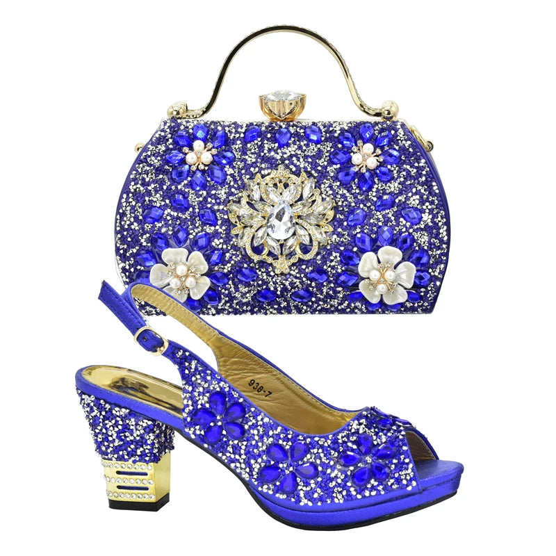 New Arrival Italian Women Wedding Shoes and Bag Set Decorated with Rhinestone Purple Shoes and Bags Sets Wedding Shoes Bride