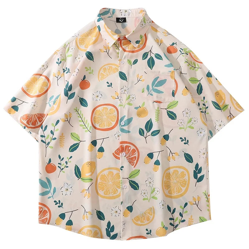 Men Street Fashion Summer Daily Shirt Hawaiian Cartoon Print Casual Loose Shirts Short Sleeve Beach Loose Tops