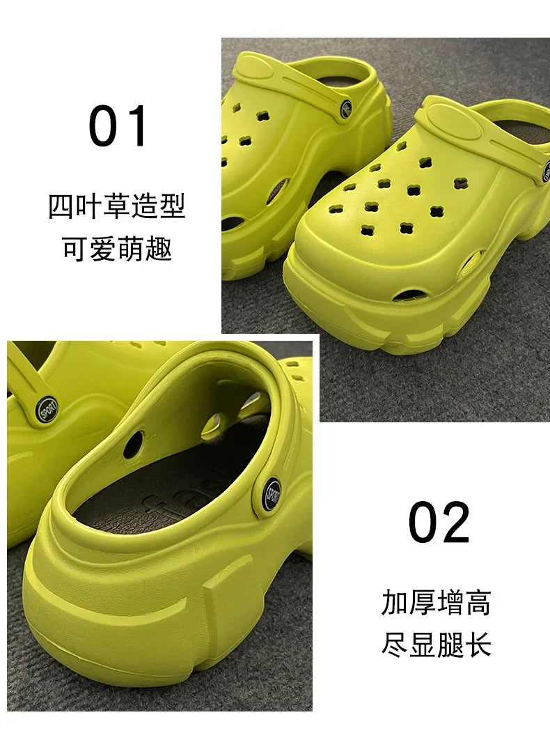 2024 Women's Hole Shoes Summer New EVA Thick Sole Garden Shoes Cute Cartoon 8cm High Heels Anti Slip Soft Sole Perforated Shoes