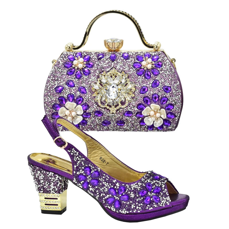 New Arrival Italian Women Wedding Shoes and Bag Set Decorated with Rhinestone Purple Shoes and Bags Sets Wedding Shoes Bride