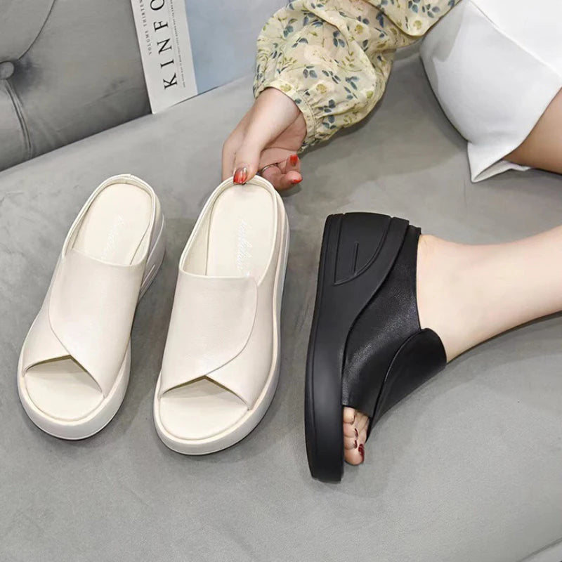 New Women Sandals Women Slippers Black Wedge Platform Open Toe Women Orthopedics Thick Bottom Beach High Heels Slides