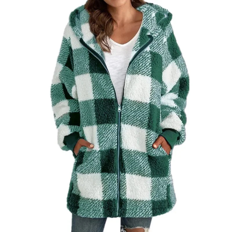 2024 New Amazon Long Sleeve Plaid Hooded Zipper Women's Jacket Loose Fit Pocket Included Casual Ladies Outerwear