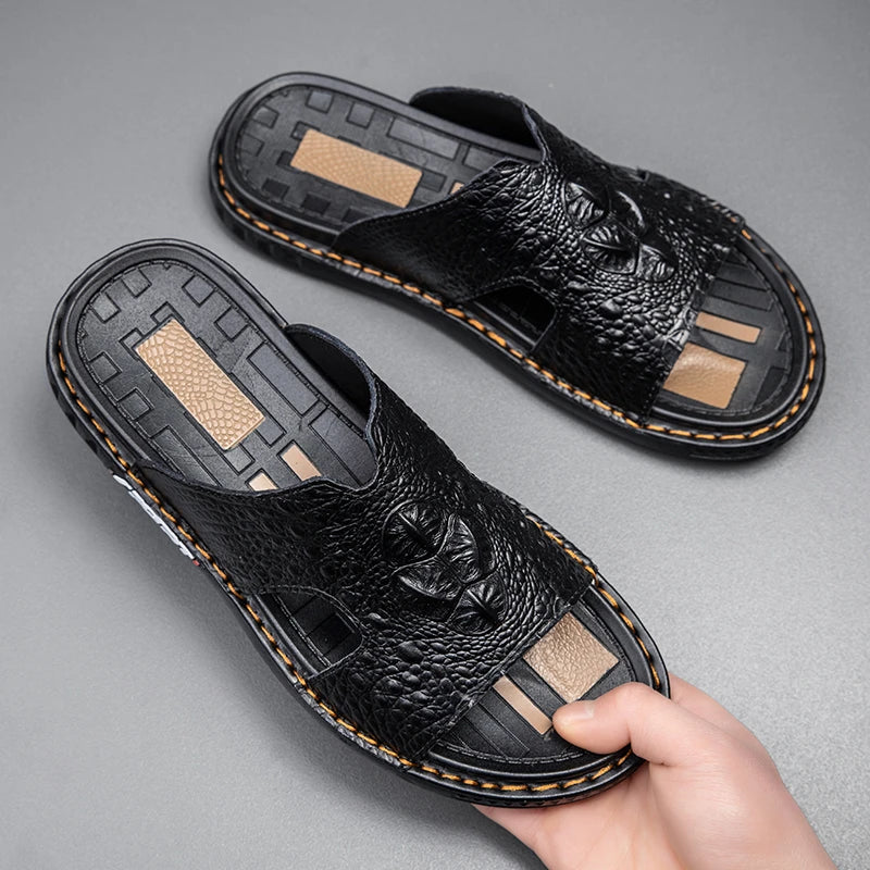 Genuine Leather Men Slippers Crocodile Grain Slip On Slipper Man Summer Shoes For Men Slides Casual