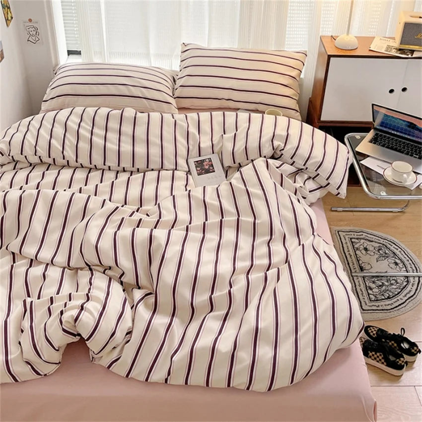 Pure Cotton Home Textile Blue Striped Bedding Set Simple Soft Duvet Cover Sheet Pillowcase Ins Style Bed Linens Queen King Size