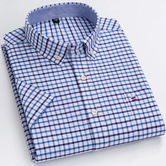 2023 100% Pure Cotton Men's Oxford Short Sleeve Square Collar Soild Plaid Striped Summer Casual Shirts Single Pocket  Shirt