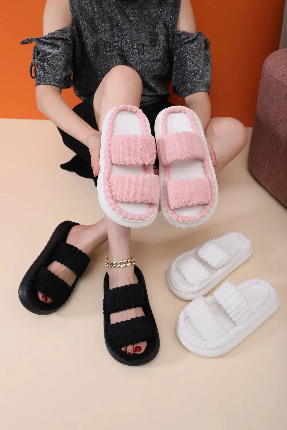 Women Spring Autumn Home Cotton Slippers Ladies Open Indoor Drop Toe Slides New Imitation Rabbit Hair Inside Flat Slippers