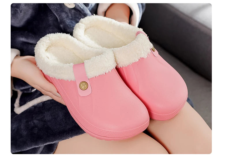 MAEDEF Men Women Slippers Waterproof EVA Warm Furry Wrapped Slippers Indoor Home Cotton Shoes Fur Slides Plush Winter Slippers