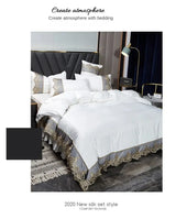 Princess style big lace side bed on four-piece set washed ice silk  silk bed skirt white