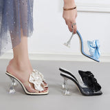 2023 Fashion Crystal Bow High Heels Slippers Shoes for Woman Sexy PVC Transparent Sandals Women Slides Open Toe Pumps Blue Black