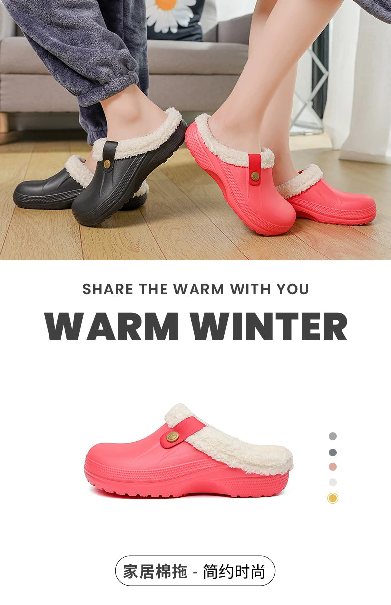 MAEDEF Men Women Slippers Waterproof EVA Warm Furry Wrapped Slippers Indoor Home Cotton Shoes Fur Slides Plush Winter Slippers