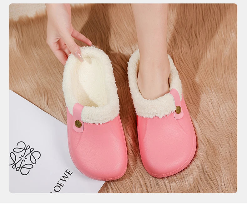 MAEDEF Men Women Slippers Waterproof EVA Warm Furry Wrapped Slippers Indoor Home Cotton Shoes Fur Slides Plush Winter Slippers