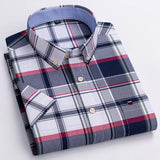 2023 100% Pure Cotton Men's Oxford Short Sleeve Square Collar Soild Plaid Striped Summer Casual Shirts Single Pocket  Shirt