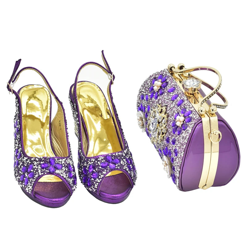 New Arrival Italian Women Wedding Shoes and Bag Set Decorated with Rhinestone Purple Shoes and Bags Sets Wedding Shoes Bride