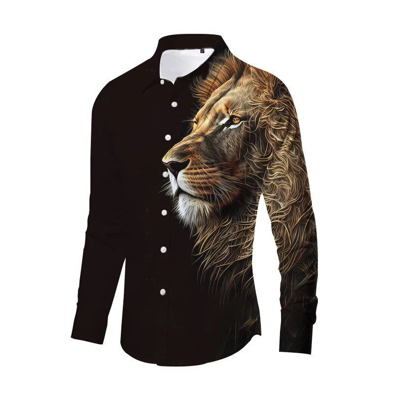 Tiger Print Long Sleeve Shirt For Men Clothing 3D Lion Pattern Spring Autumn Long Sleeve Tops Street Casual Fashion Long Sleeved