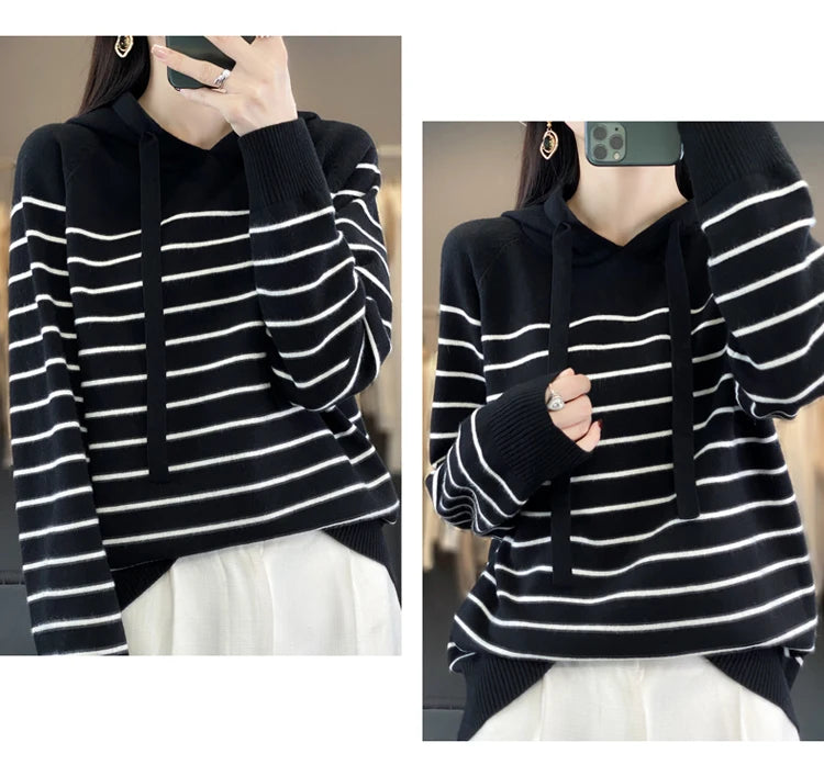 New Striped Wool Hoodies And Sweatshirts For Women Long Sleeve Sweaters Knitted Jumpers Female Outerwears Fashion Hoody Clothing