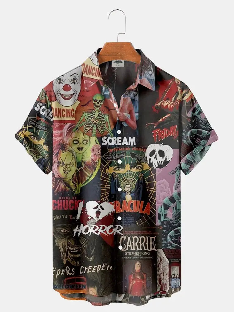 2023 Summer New Men's Shirt 3D Printed Horror Pattern Hawaiian Fashion Designer Men's Horror Shirts Movie Print 3XL Tops