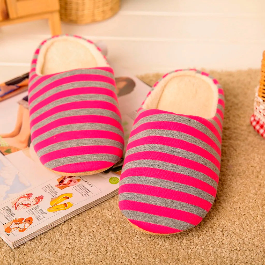 Women House Shoes 2024 Soft Striped Indoor Mute Cotton Slippers Non-Slip Slippers Warm Plush Unisex Comfort Home Floor Slipper