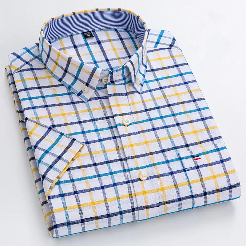 100% Cotton Men Oxford Shirt Short Sleeve Summer Plaid Striped Male Clothes Business Regular Fit Dress Shirt Oversized 7XL 6XL