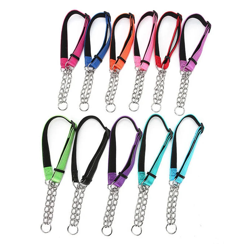 Stainless Steel Chain Martingale Collar - Stainless Steel Chain Reflective Nylon Fabric Pet Collars for Small Medium Large Dogs