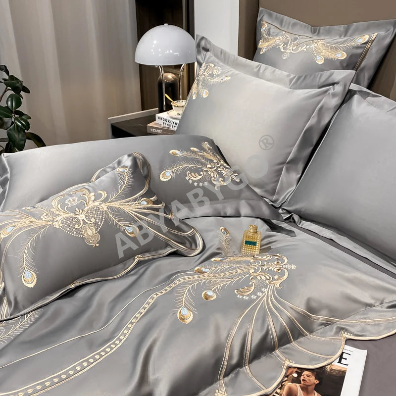 Nordic Bedding Set Luxury Gold Feather Embroidery 100 Egyptian Cotton Double Duvet Cover Bed Sheets and Pillowcases Bed Set