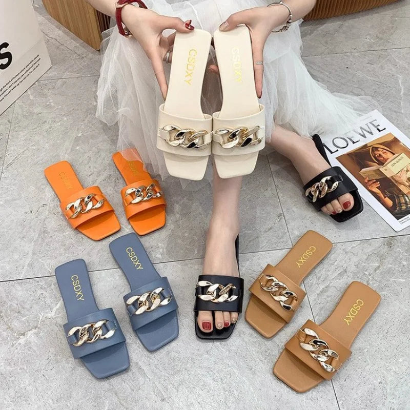 Cute 2022 Women Summer Slipper Square Toe Chain Slippers Slip on Flat Slide Sandals Beach Flip Flops Casual Shoe Ladies Big Size