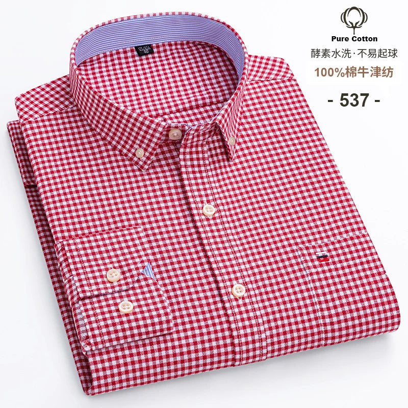 S~6XL Cotton Oxford Shirt For Mens Long Sleeve Plaid Striped Casual Shirts Male Pocket Regular-Fit Button-Down Work Man Shirt