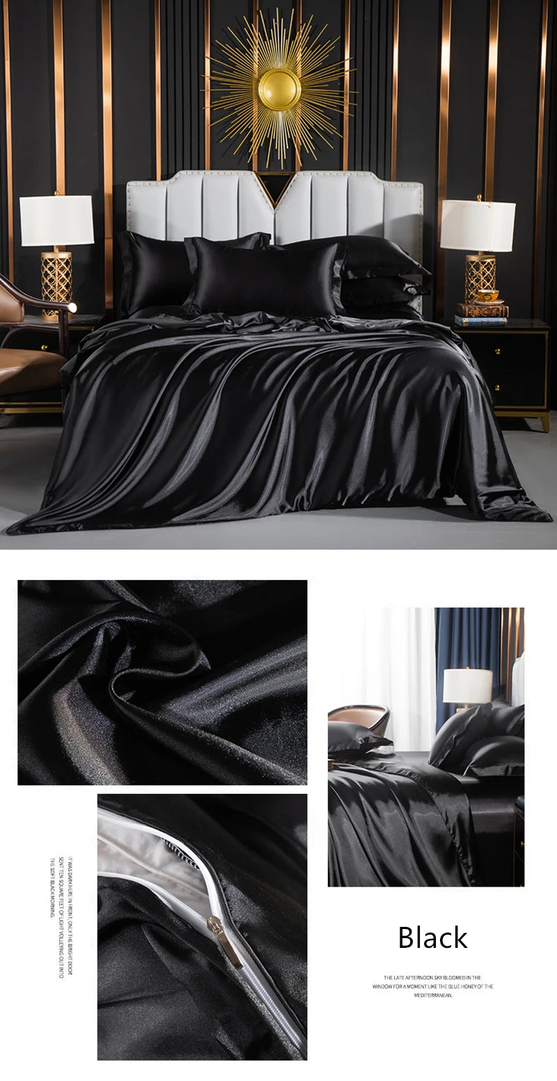 Solid Silk Bedding Set with Duvet Cover Fitted/Flat Bed Sheet Pillowcase Luxury Couple Bedsheet King Queen Double Twin Size