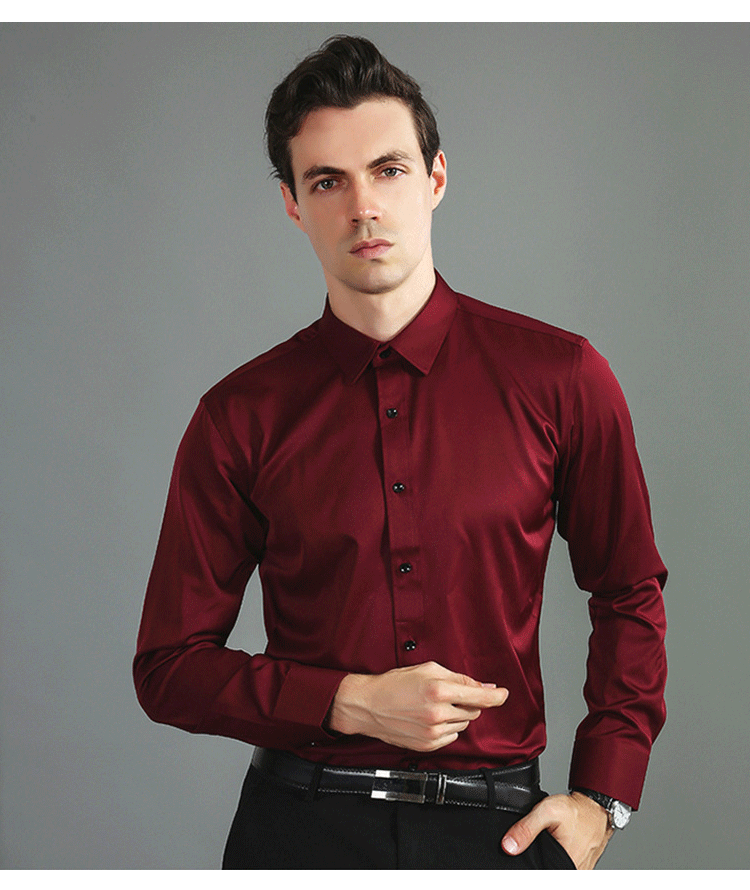 6xl New Spring and summer  elastic force non-iron men's long-sleeved business casual shirt solid color mercerized vertical shirt