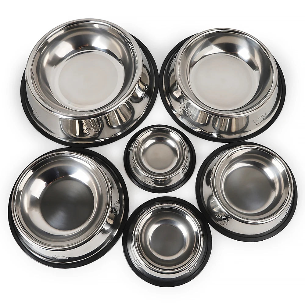 Stainless Steel Dog Cat Food Bowl Pets Quality Metal Pawprint Feeder Non-slip Pet Feeding Container with Rubber Base Accessories