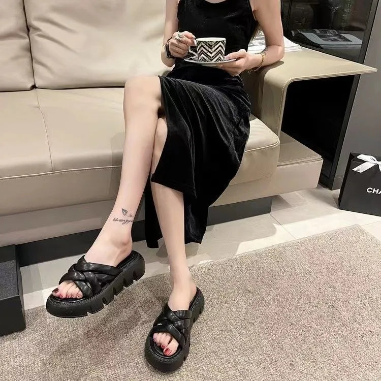 Summer 2023 Casual Platform  Slippers Women  Fashion Braided Mesh Walking Wedge Sandals шлепанцы женские летние на платформе