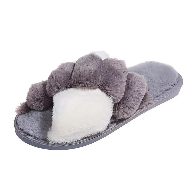 Women Winter House Furry Slippers Fluffy Faux Fur Home Slides Flat Fashion Indoor Floor Shoes Ladies Flip Flops Chaussure Femme