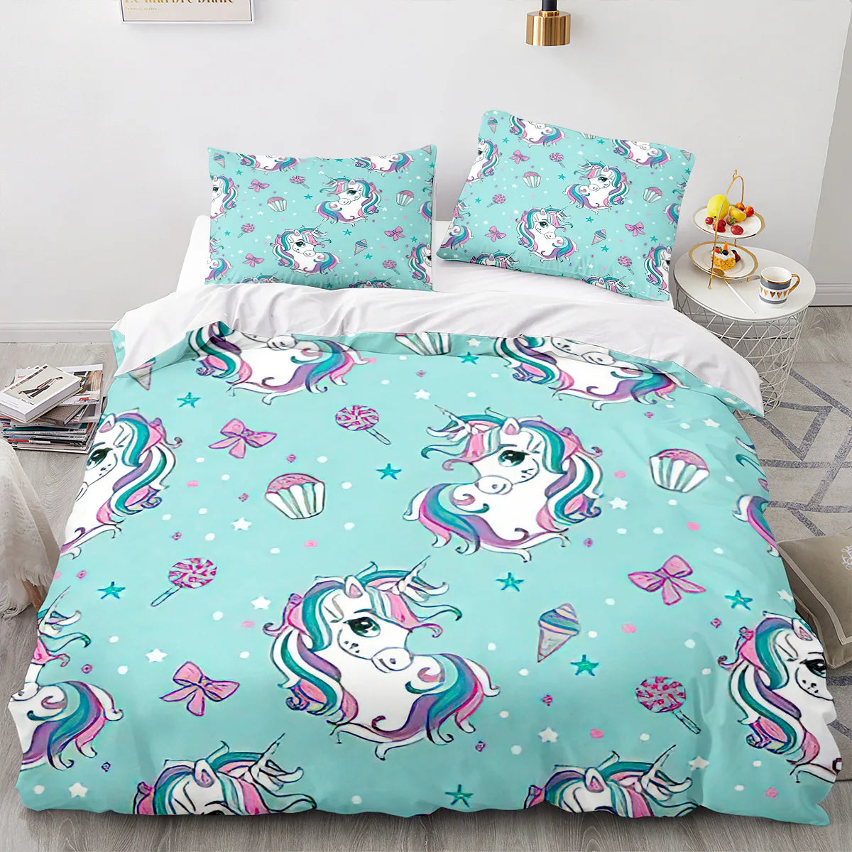 Unicorn Duvet Cover Set Cartoon Galaxy Rainbow Colourful Unicorn Cute Romantic Theme for Kids Girls Polyester Comforter Cover