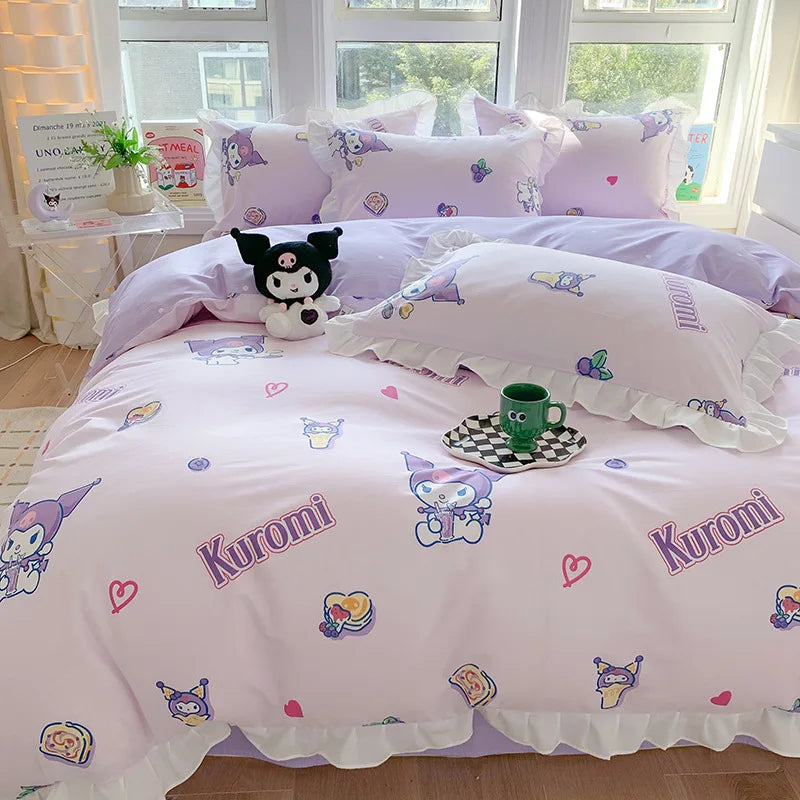 Sanrio Kids Bedding Set Kuromi Cinnamoroll Mymelody Duvet Cover Bed Sheet Pillowcase Bedsheet Double Single King Queen Twin Size