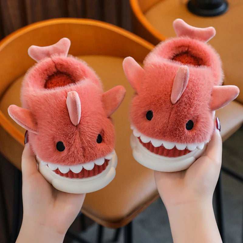 Winter Cute Cartoon Shark Cotton Slippers Children's Non-slip Soft Sole Slides For Kids Girls Baby Boys Warm Plush Home Shoes