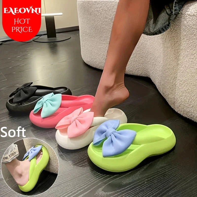 Women's Bow Pillow Flip Flops, Kawaii Open Toe Super Soft Non Slip Slides Shoes, Indoor & Outdoor Slippers Bow knot