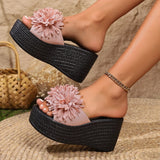 Large Flower Open Toe One Line Thick Bottom Slippers for Women's 2024 Summer New Fashion Slope Heel Women's Slippers