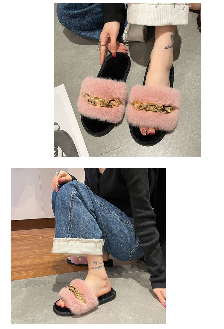 Fluffy Slippers Home Winter Casual Chain Designer Shoes Women 2024 Indoor Platform Plush Slides Girls Fashion Elegant Large Size