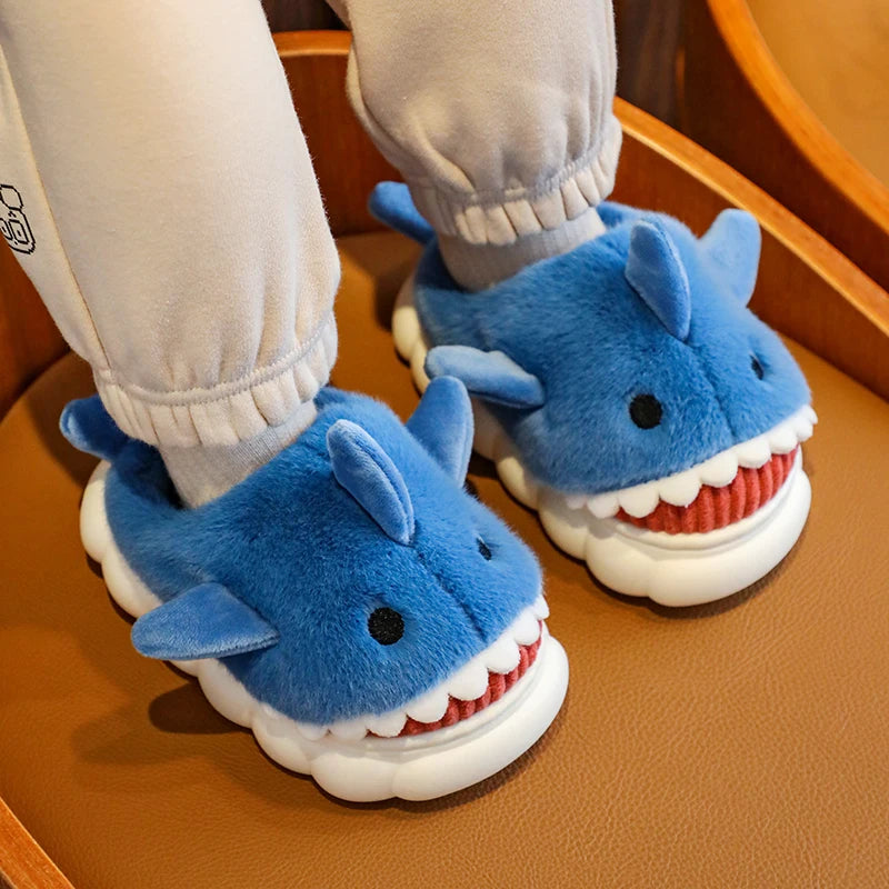 Winter Cute Cartoon Shark Cotton Slippers Children's Non-slip Soft Sole Slides For Kids Girls Baby Boys Warm Plush Home Shoes