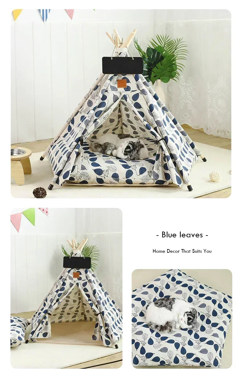 Pet Teepee Tent for Cats and Dogs Portable Removable Washable Dog House Indoor Puppies House with Cushion and Blackboard Cat Bed