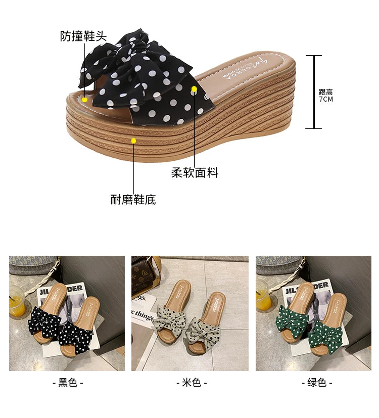 Aphixta 7cm Platform Wedge Slippers Women Shoes Butterfly-knot Clog Riband Polka Dot Snowflake Fabric Bow Flip Flop Light Slide