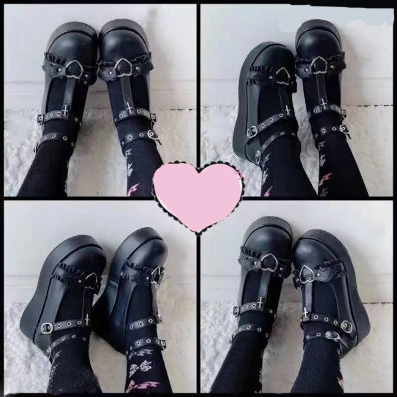 new Sweet Heart Buckle Wedges Mary Janes Women Pink T-Strap Chunky Platform Lolita Shoes Woman Punk Gothic Cosplay Shoes 43