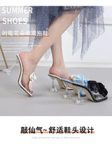 2023 Fashion Crystal Bow High Heels Slippers Shoes for Woman Sexy PVC Transparent Sandals Women Slides Open Toe Pumps Blue Black