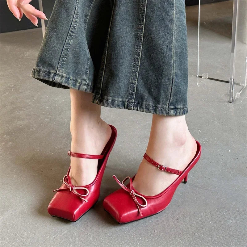 Eilyken New Design Bowknot Square Toe Women Pumps Sexy Buckle Strap Thin High Heels Banquet Prom Mule Slippers Shoes